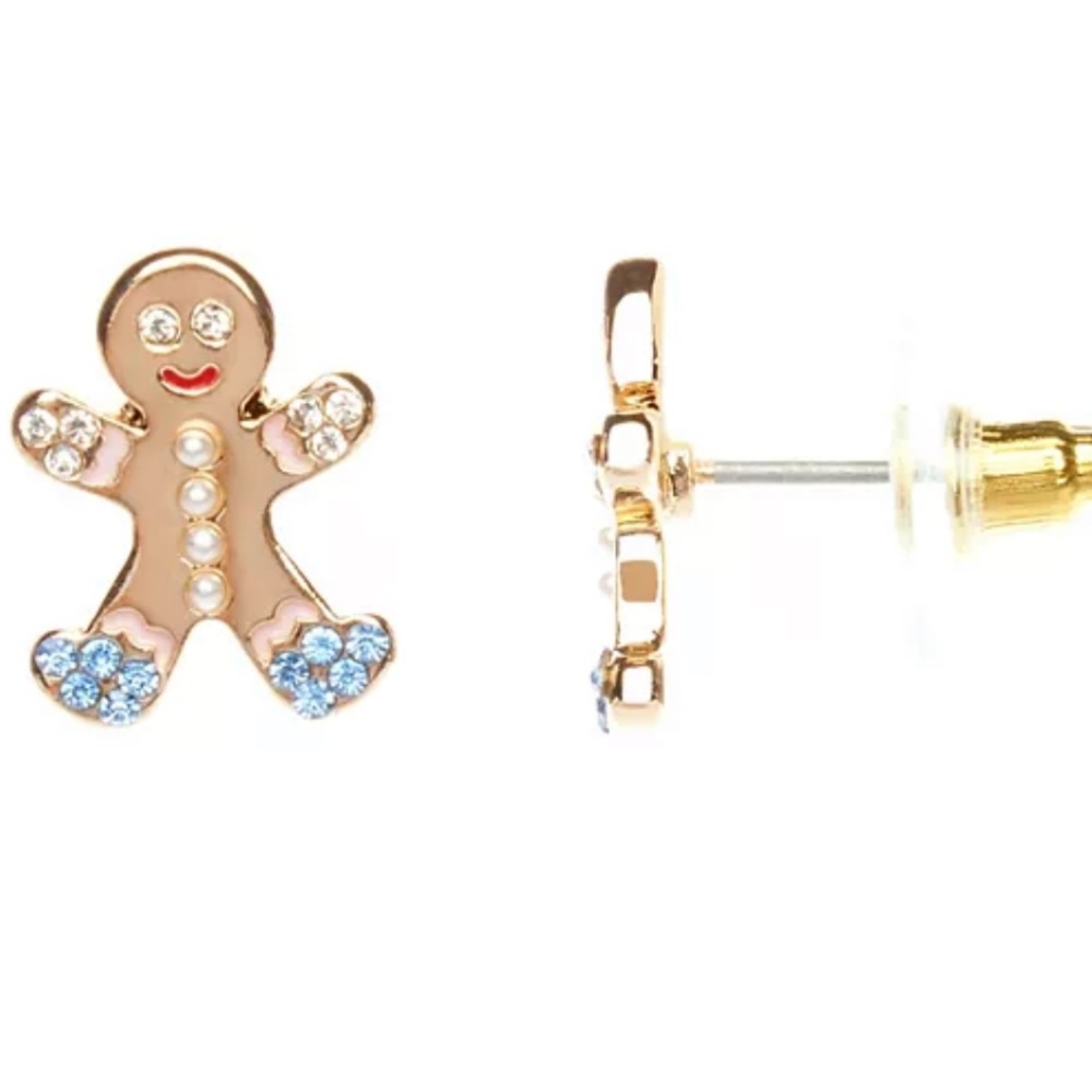 Gingerbread Girl Gold-Tone Stud Earrings with Blue Crystal Accents